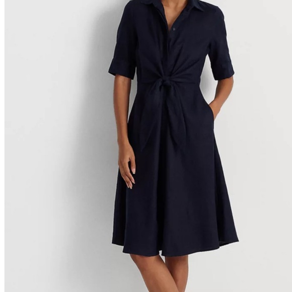 Ralph Lauren Tie-front Linen Shirtdress with pockets in navy - Picture 13 of 14